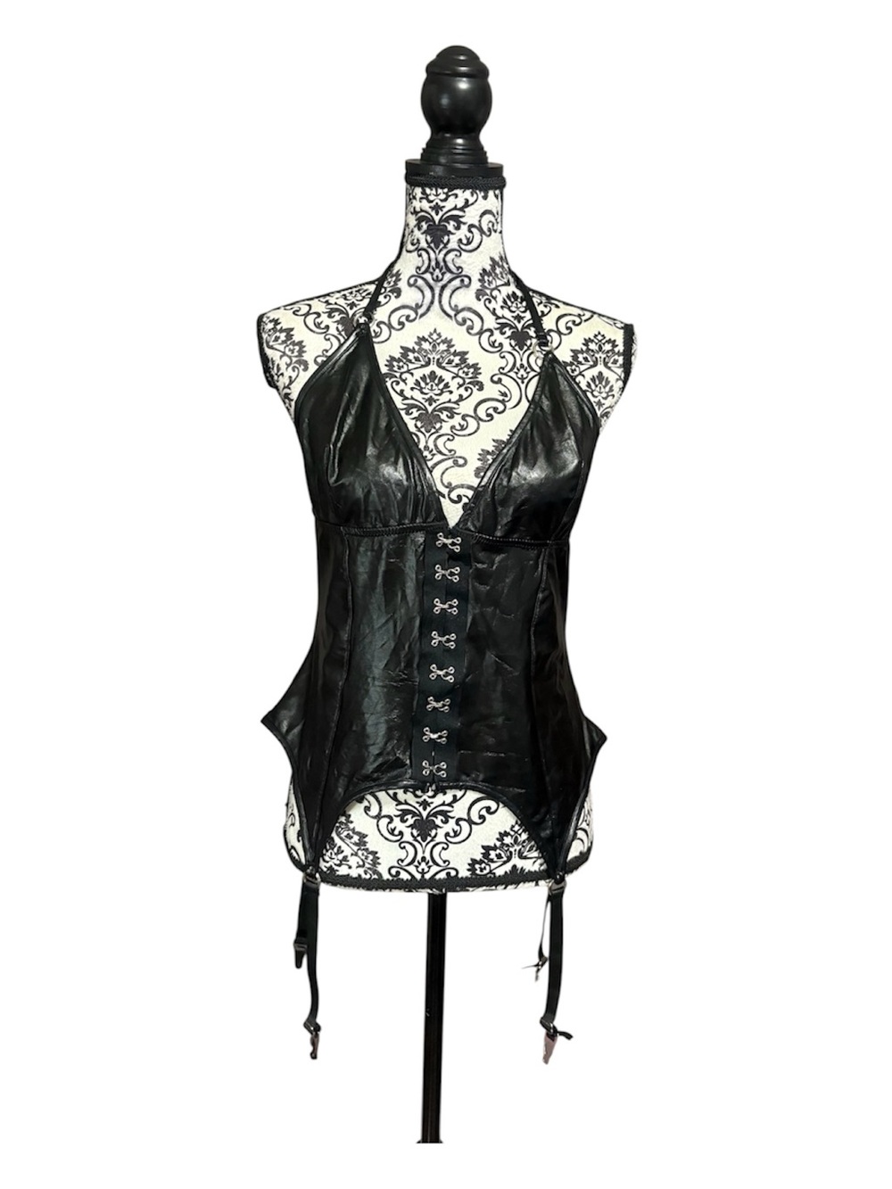 LOVEHONEY Gothic Black Faux Leather Corset with Garter Straps